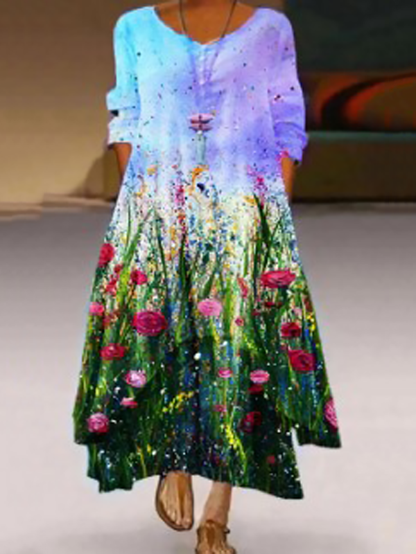 Floral Print Round Neck Long Sleeve Dress Fow Women