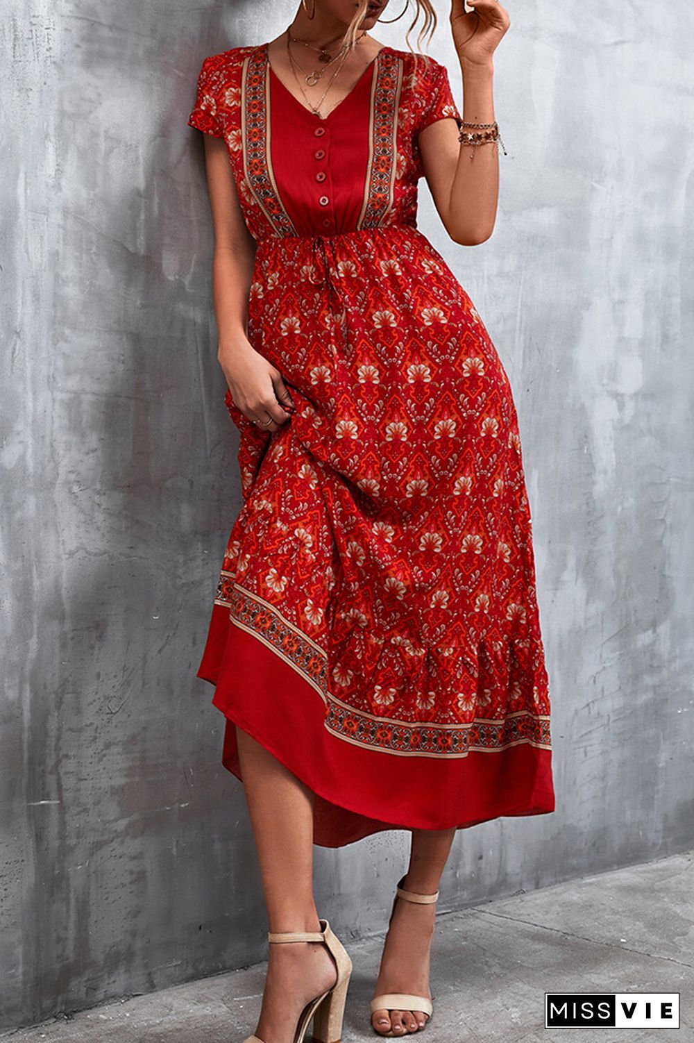 Floral Print Short Sleeve Long Dress Wholesale