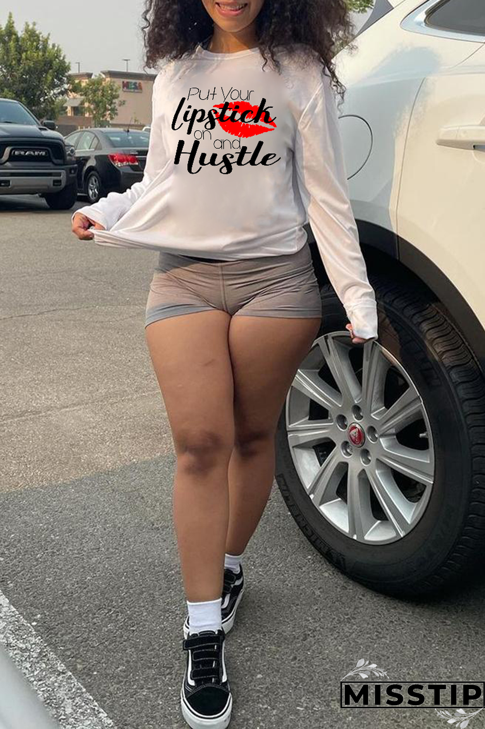 White Casual Street Lips Printed Patchwork Letter O Neck Tops