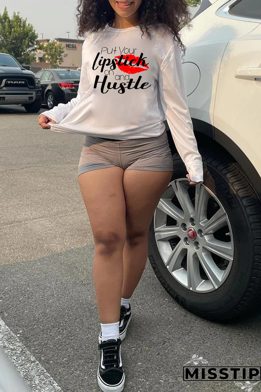 White Casual Street Lips Printed Patchwork Letter O Neck Tops