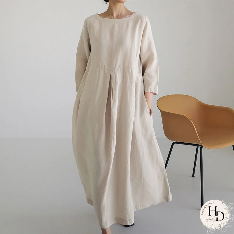 Vintage Plain Plus Size Long Sleeve Casual Weaving Dress