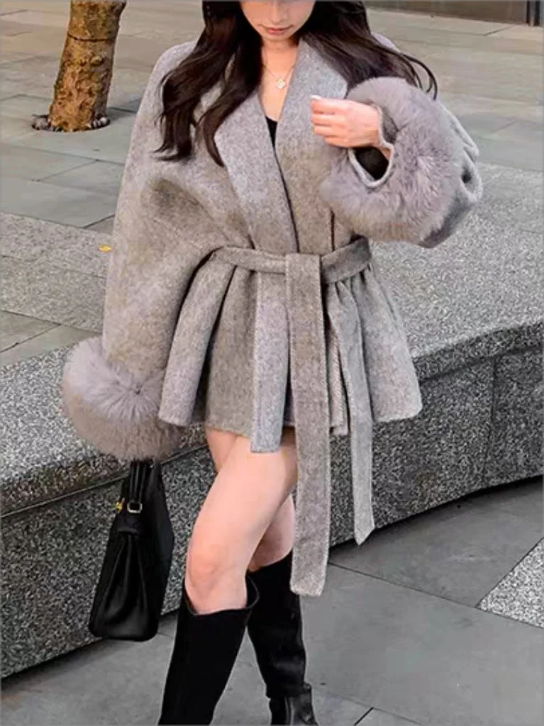 Brownm solid color faux fur coat with belt
