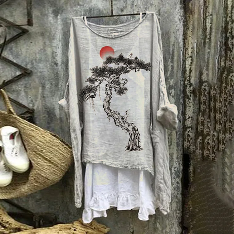 Vintage Japanese Art Pine Cotton Linen Round Neck Casual Shirt