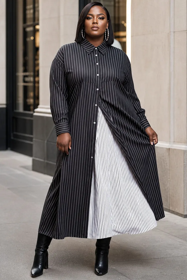 Xpluswear Design Plus Size Business Casual Black Striped Shirt Collar Long Sleeve Contrast Pocket Midi Dresses [Pre-Order] 2024 - Xpluswear