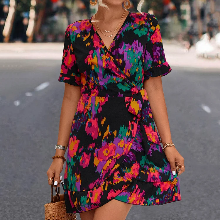 High Waist Prints Sexy V Neck Short Sleeve Ruffles Bohemian Dress