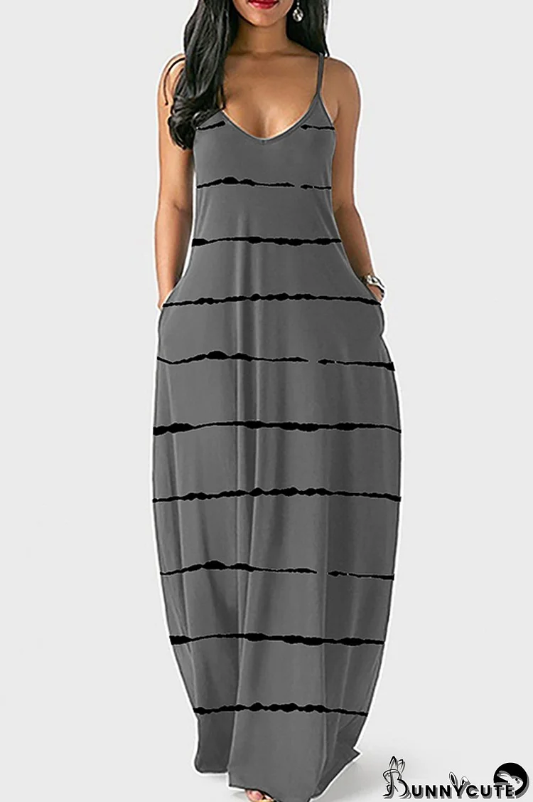 Dark Gray Fashion Striped Print Backless Spaghetti Strap Long Dress