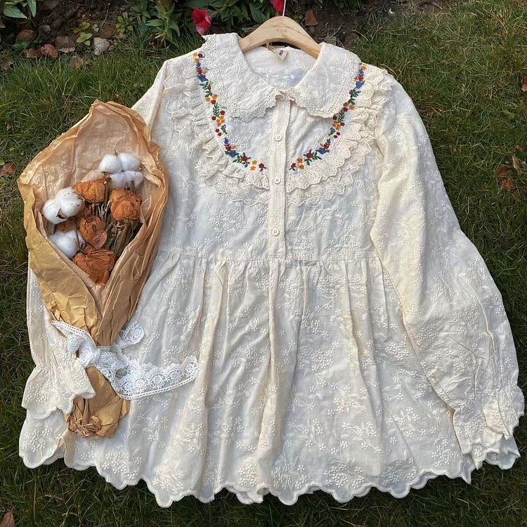 Queenfunky cottagecore style 100% Cotton Lace Embroidered Shirt QueenFunky