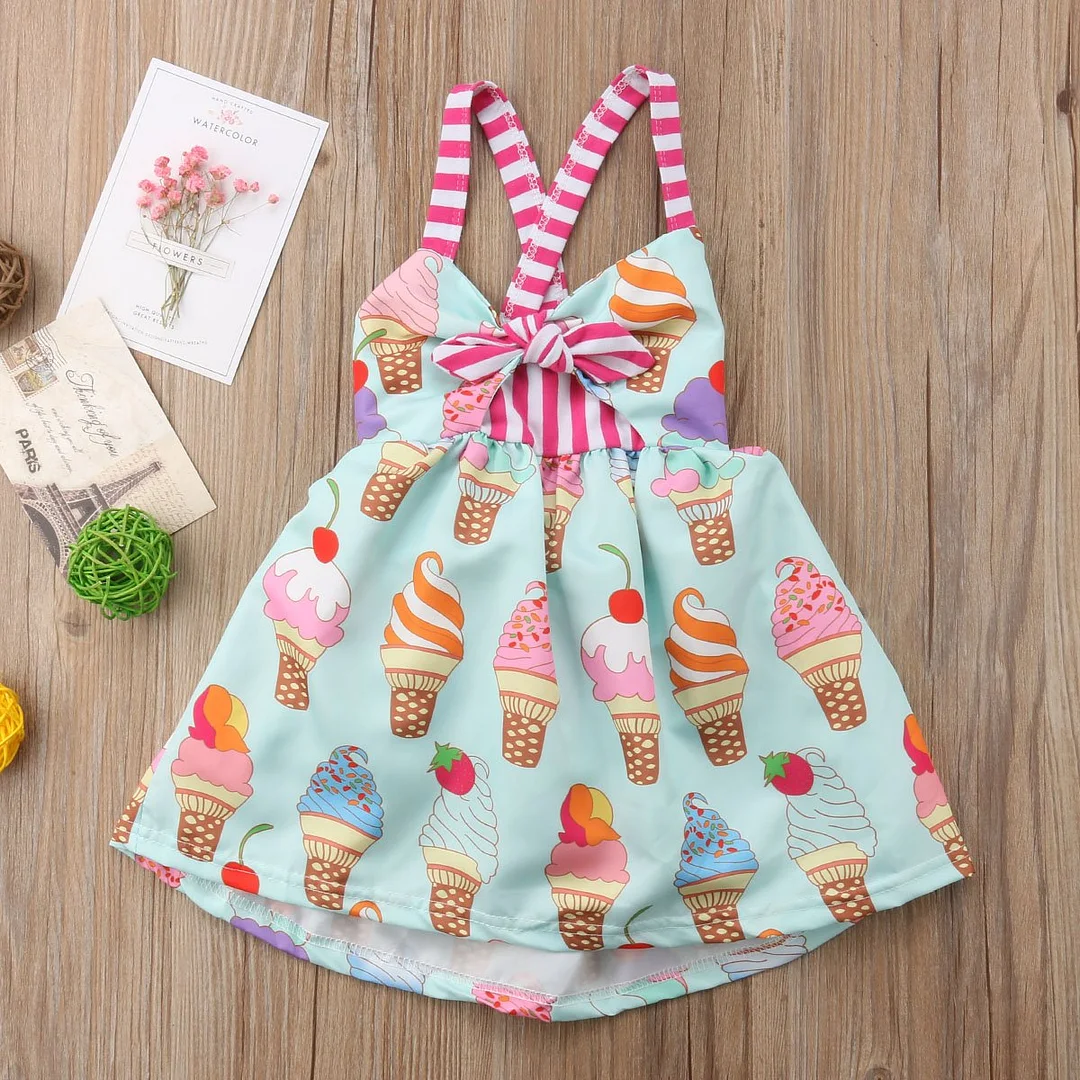 2018 Brand New Infant Princess Girls Summer Toddler Kid Sleeveless Ice Cream Print Strap Tutu Party Dress Sundress Clothes 6M-5T