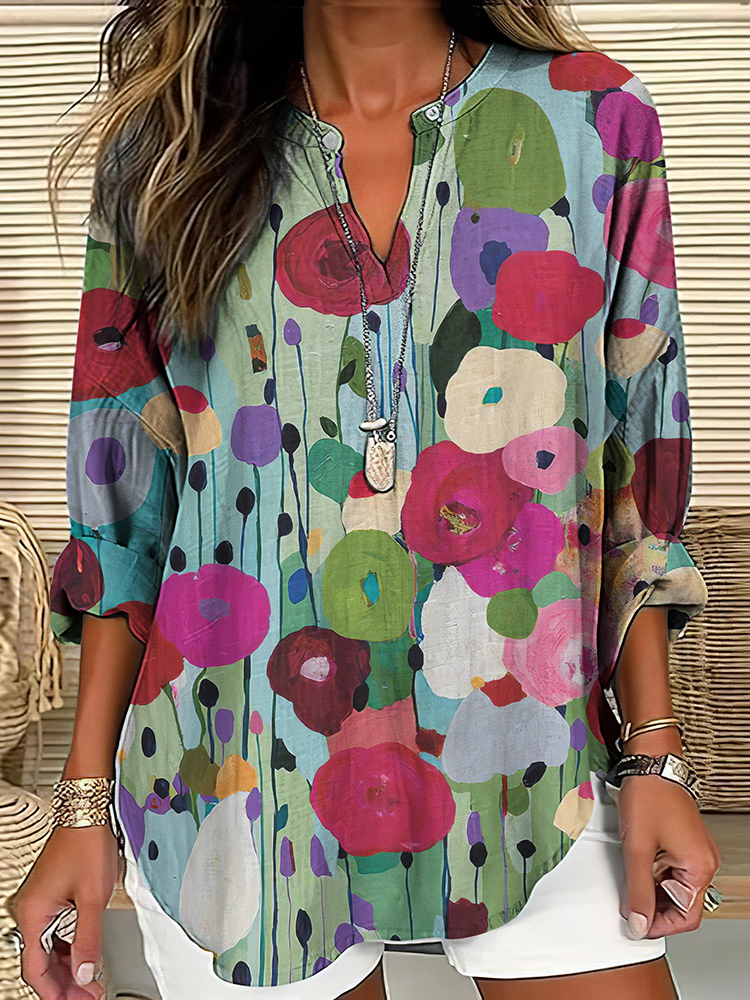 Comstylish Colorful Floral Art Painting V Neck Casual Blouse