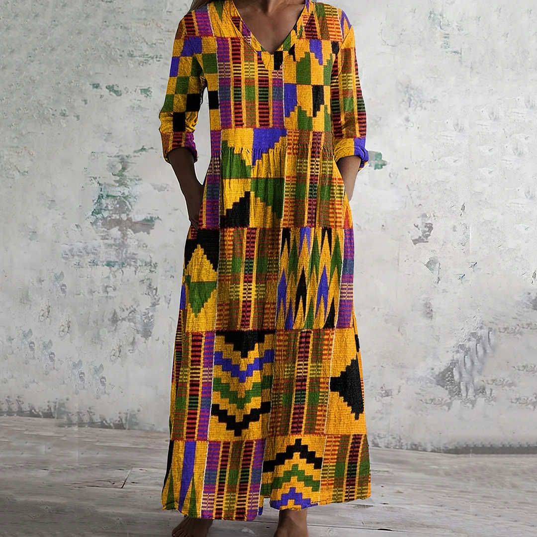 Vintage Juneteenth Black Pride African Kente Geometric Art Pattern Women's Linen Dress