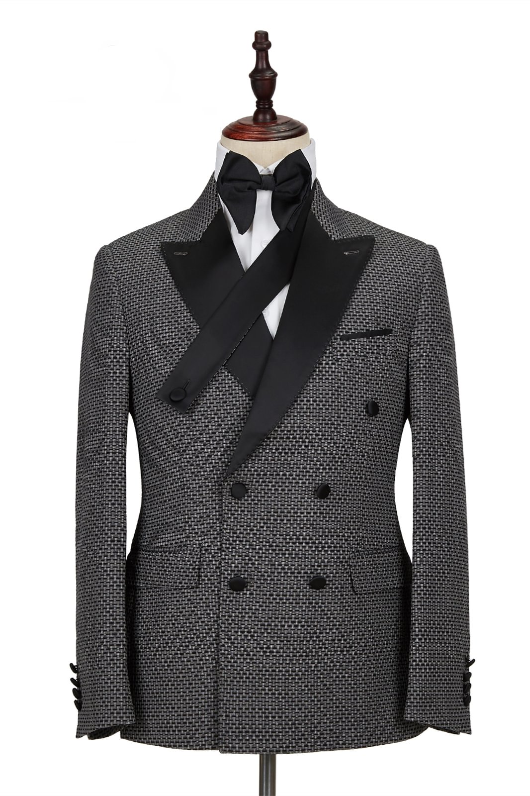 Unique Black-and-Gray Satin Double Breasted Peak Lapel Men's Formal Suit | Ballbellas Ballbellas