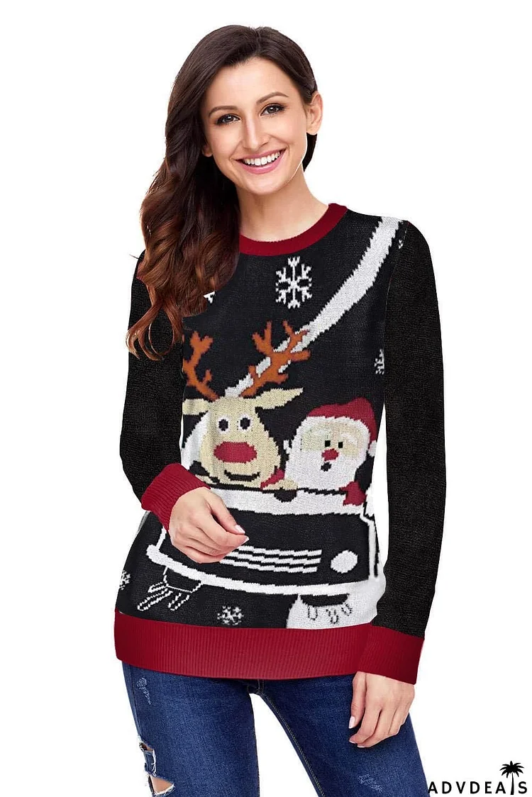 Reindeer Santa Clause Cartoon Print Ugly Christmas Sweater