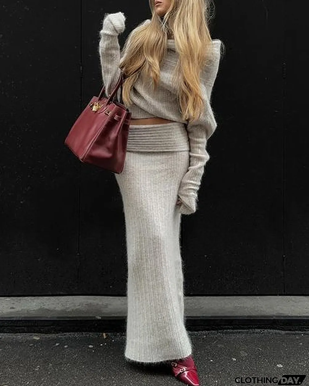 Solid Color One-shoulder Sweater & Skirt Two-piece Set