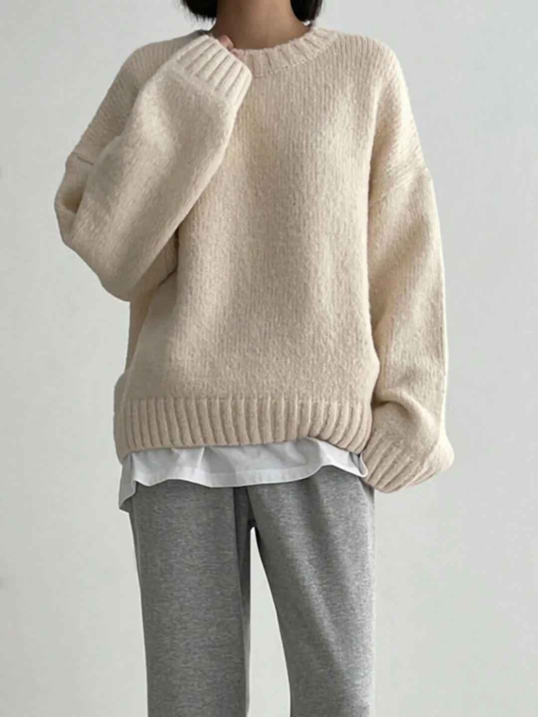 Nigikala Nigikala And Winter Languid Wind Round Collar Plus Thick Solid Color Knitted Women's Autumn And Winter European Hood Long-Sleeved Sweater Top