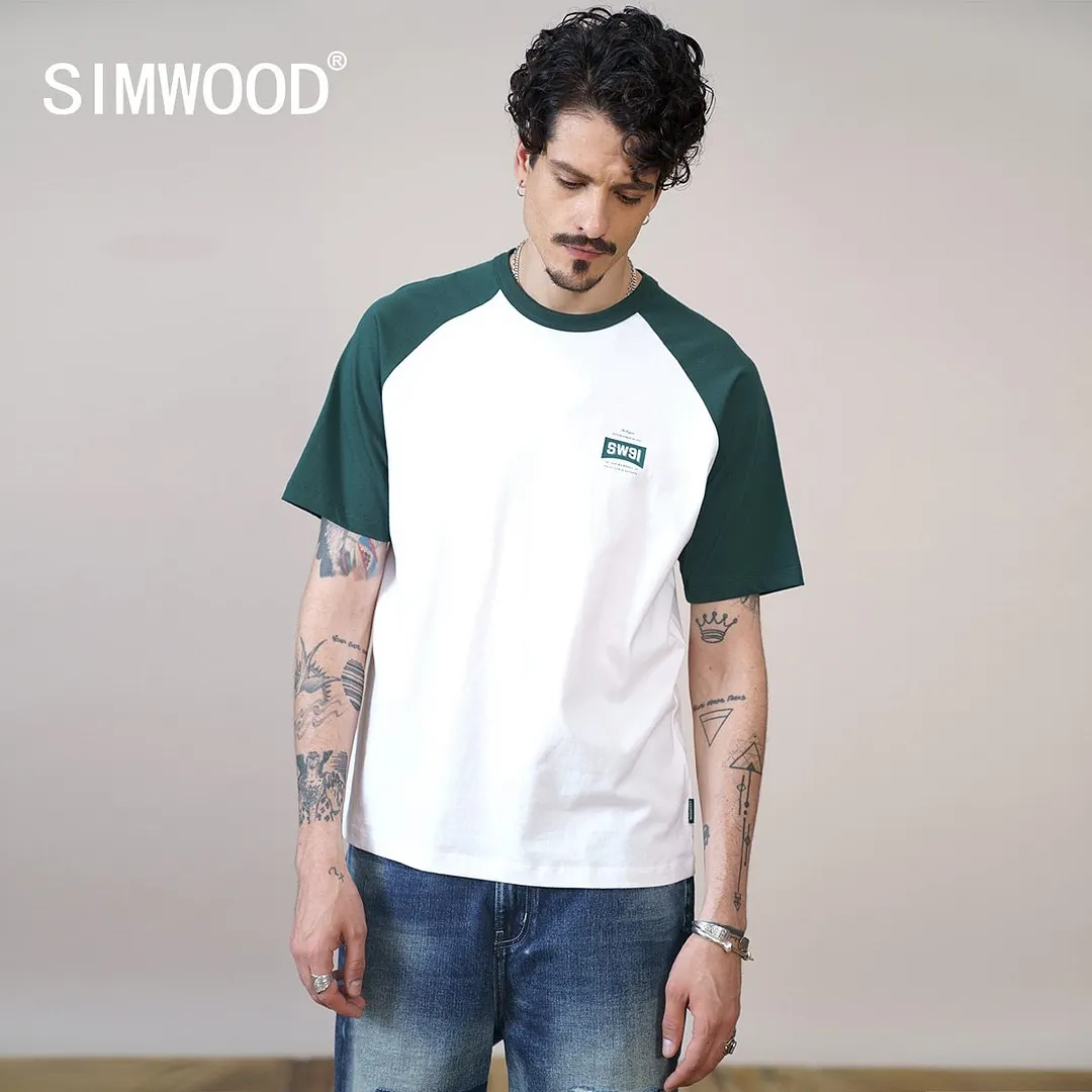 SIMWOOD 2021 Summer New Oversize Contrast Color T-shirts Men Raglan Sleeve Plus Size Loose Tops Brand Clothing SK130584