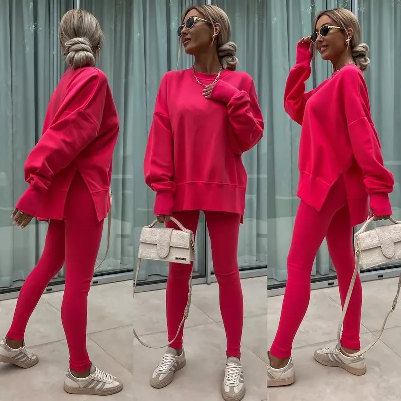 Oversize Two-Piece Set Women's Split Hem Sweatshirt & Skinny Pants, Casual Fashion Cozy Round Neck Long Sleeve Pullover Women's Clothing for Fall & Basic Winter Suits Womenswear Gamis