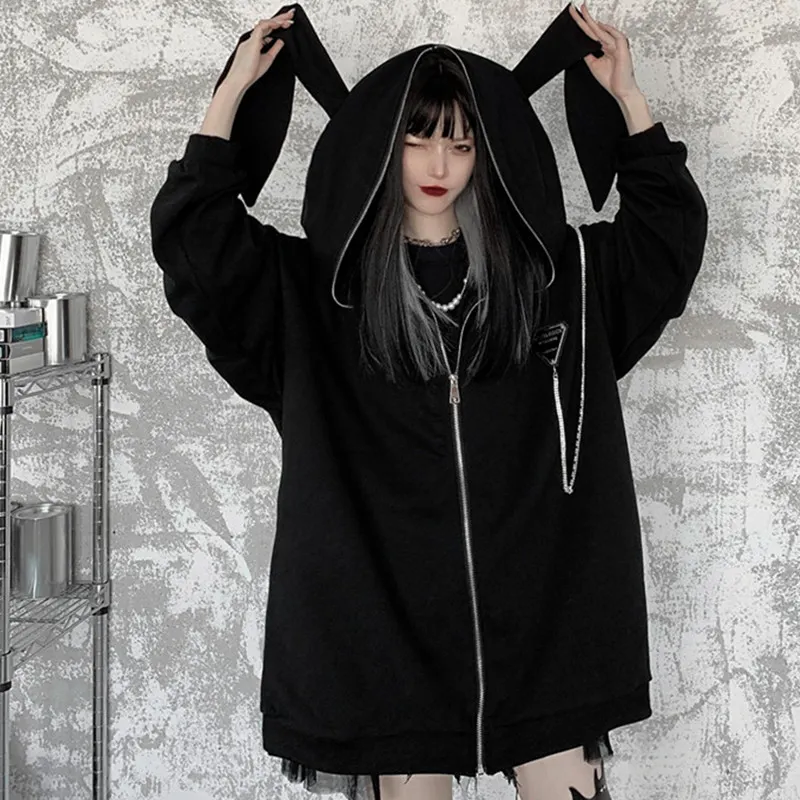 Zipper Cartoon Bunny Ears Hooded Coat