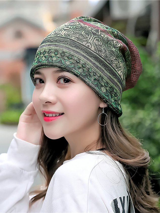 Womens Ethnic Cotton Hats Vintage Print Stripe Outdoor Scarves