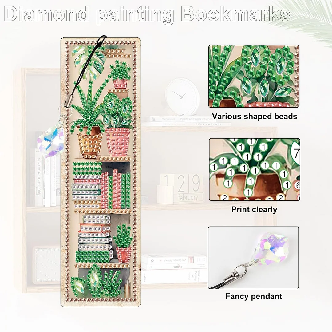 4Pcs Plant DIY Diamond Painting Bookmark Special Shaped Diamond Art Bookmark with Pendant Home Office Supplies Gift for Book Lovers