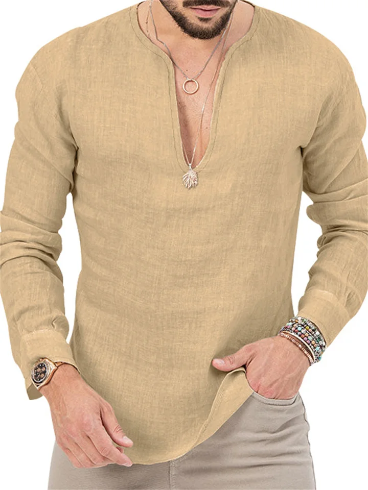 Men's Spring and Summer Large Size Casual Tropical Cotton Linen Deep V-neck Solid Color Large Size Long Sleeve T-shirt Shirt-Cosfine