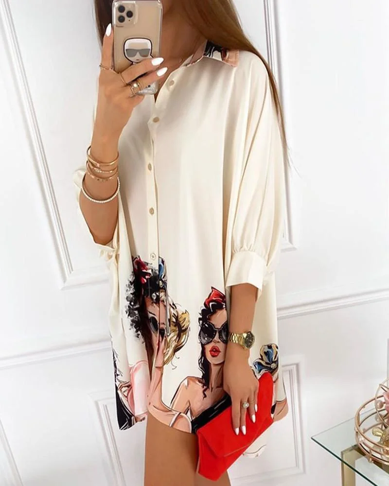 Stylish Printed Long Sleeve Shirt Dress