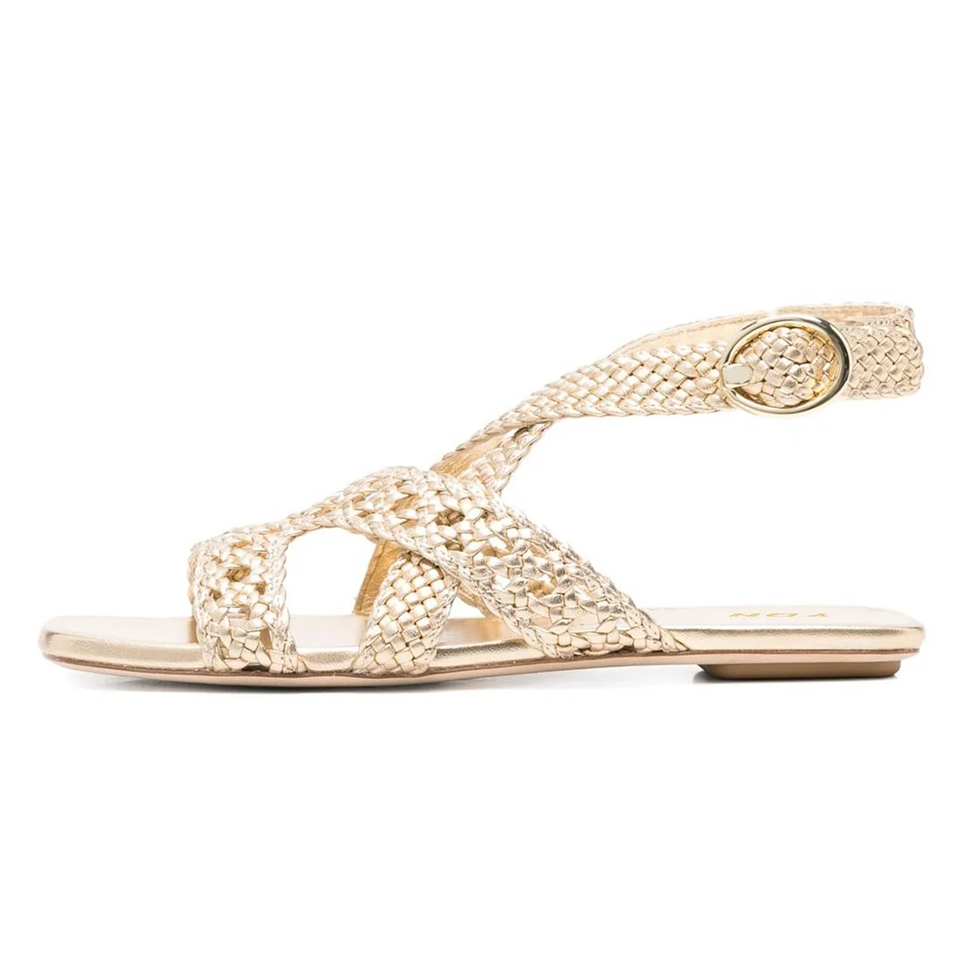 Metallic Finish Open Toe Braided Ankle Strap Flat Gold Sandals