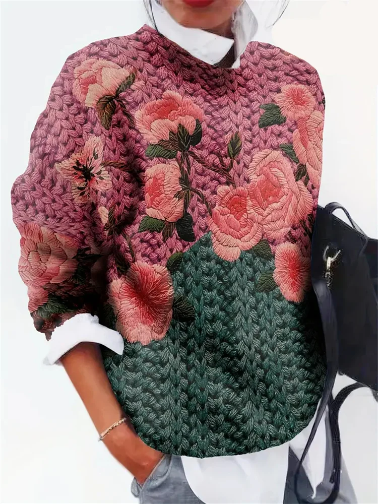 Comstylish Rose Knit Pattern Cozy Sweater