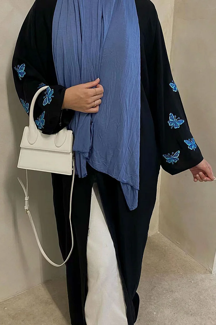 Butterfly Embroidery Casual Long Sleeve Open Front Abaya Long Cardigan