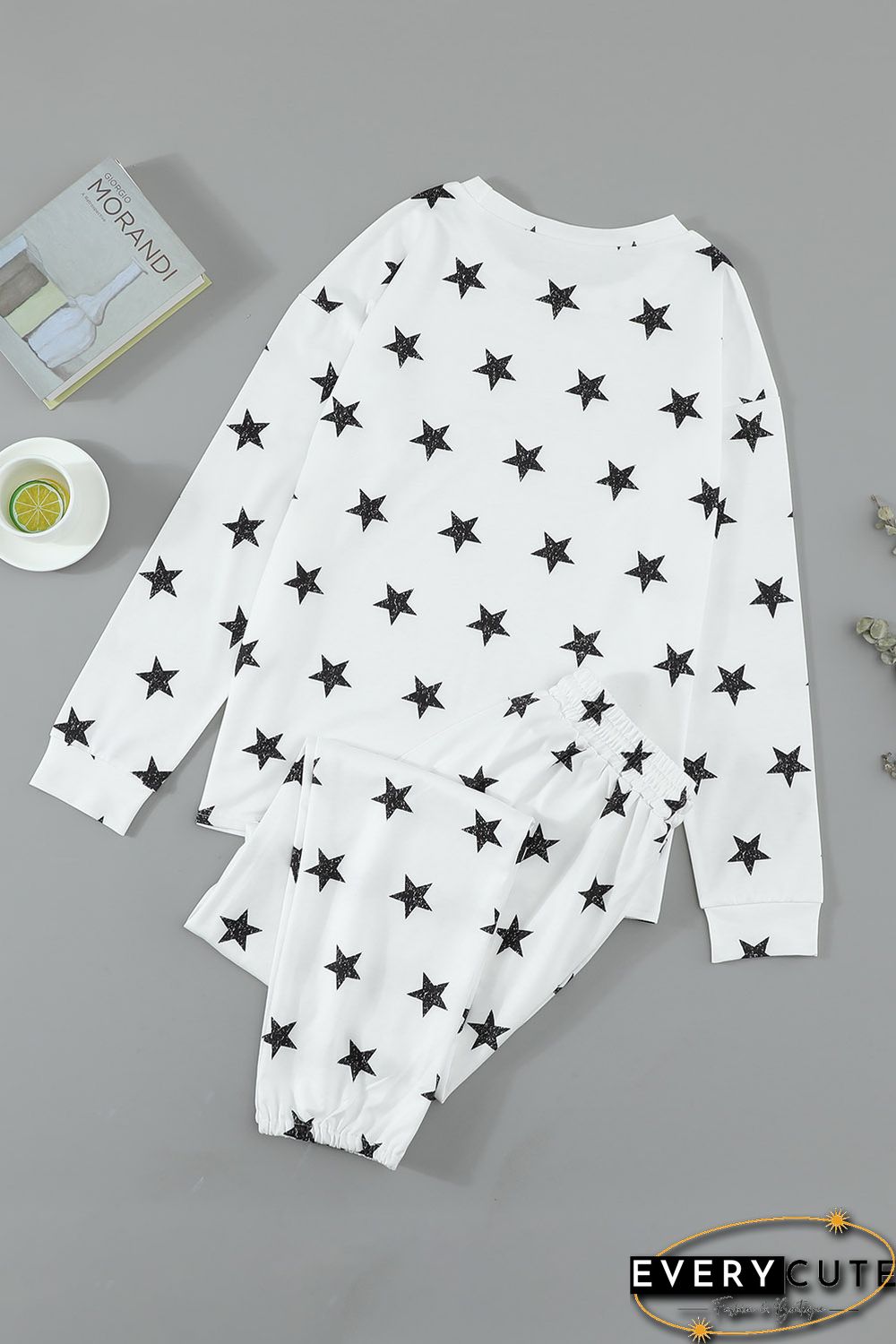 White Crew Neck Star Print Drawstring Loungewear Set with Pocket
