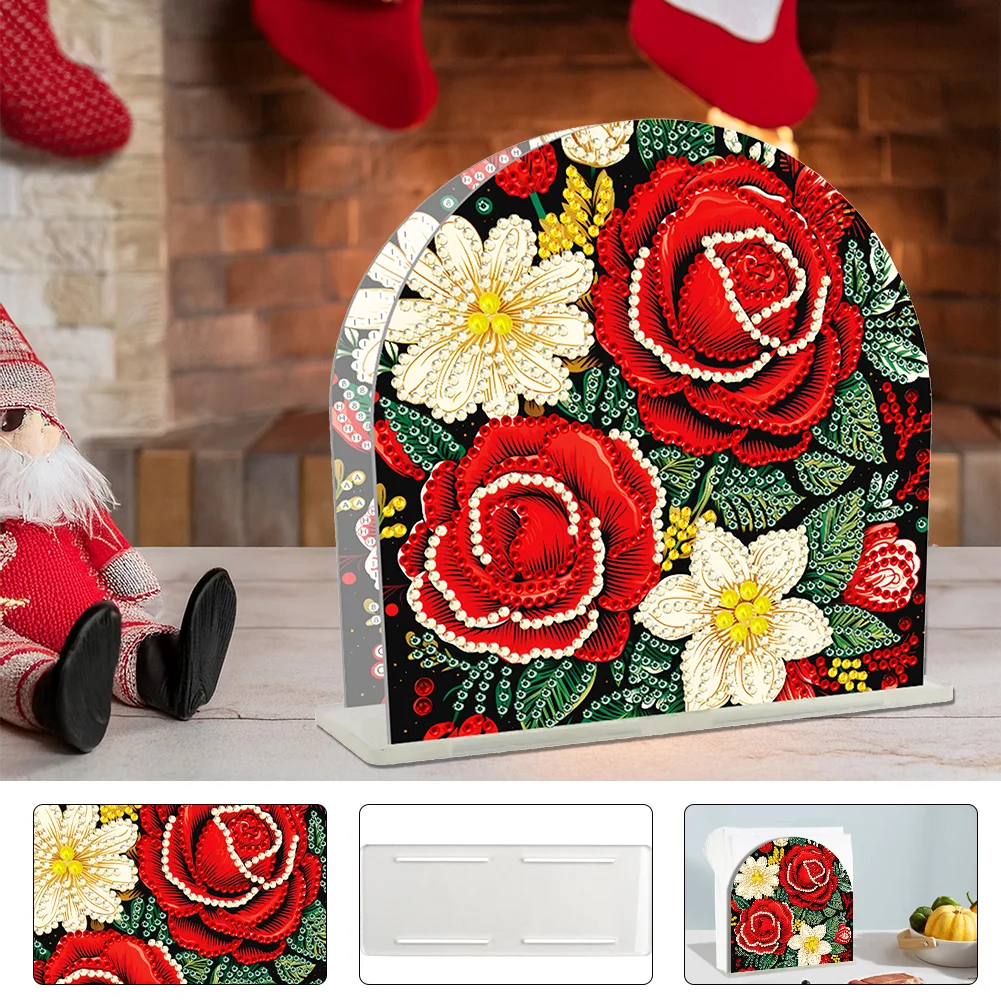 5D DIY Christmas Red Roses Acrylic Diamond Art Painting Napkin Holder Set