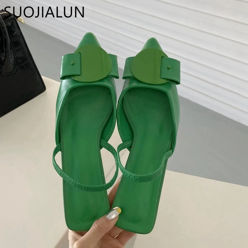 SUOJIALUN 2022 Spring Women Slingback Sandals Fashion Bow-knot Buckle Ladies Pumps Shoes Thin Low Heel Pointed Toe Slip On Mules