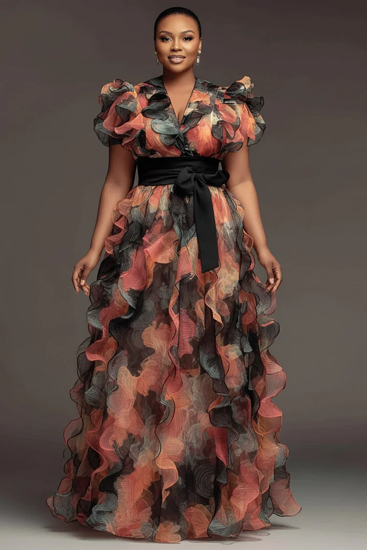 Xpluswear Design Plus Size Wedding Guest Pink Floral Wrap Neck Short Sleeve Ruffle Contrast Chiffon Maxi Dresses [Pre-Order] 2024 - Xpluswear