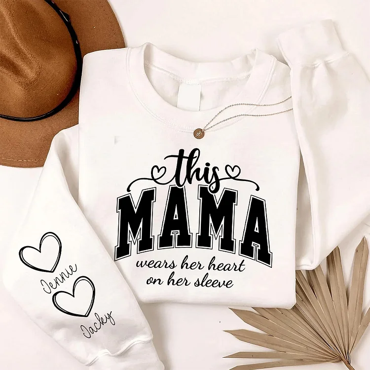 Custom This Mama/Grandma Wears Her Heart On Her Sleeve Sweatshirt, Mom Sweatshirt With Kids Names