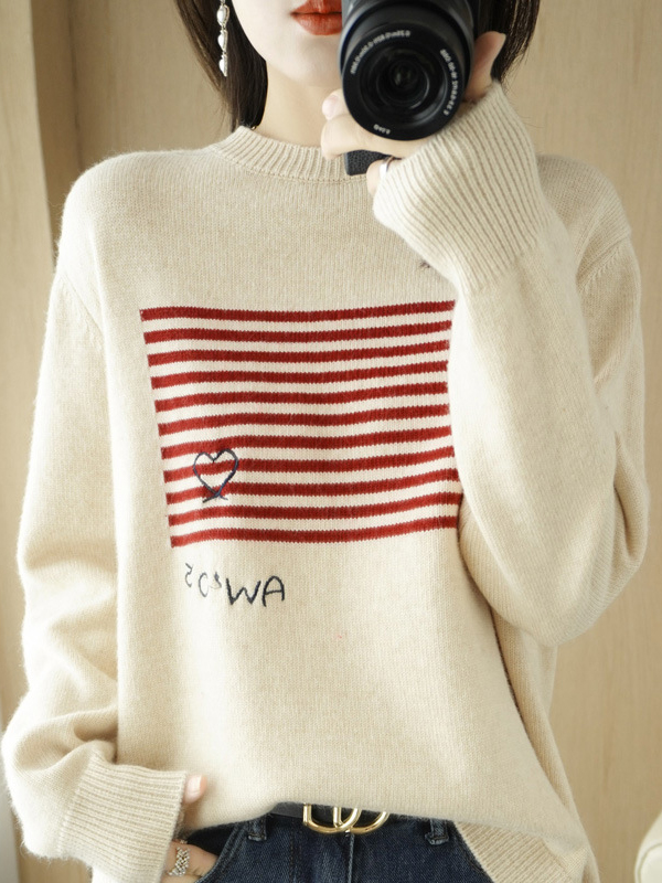 Casual Loose Long Sleeves Striped Round-Neck Sweater Tops CREAMY-2XL