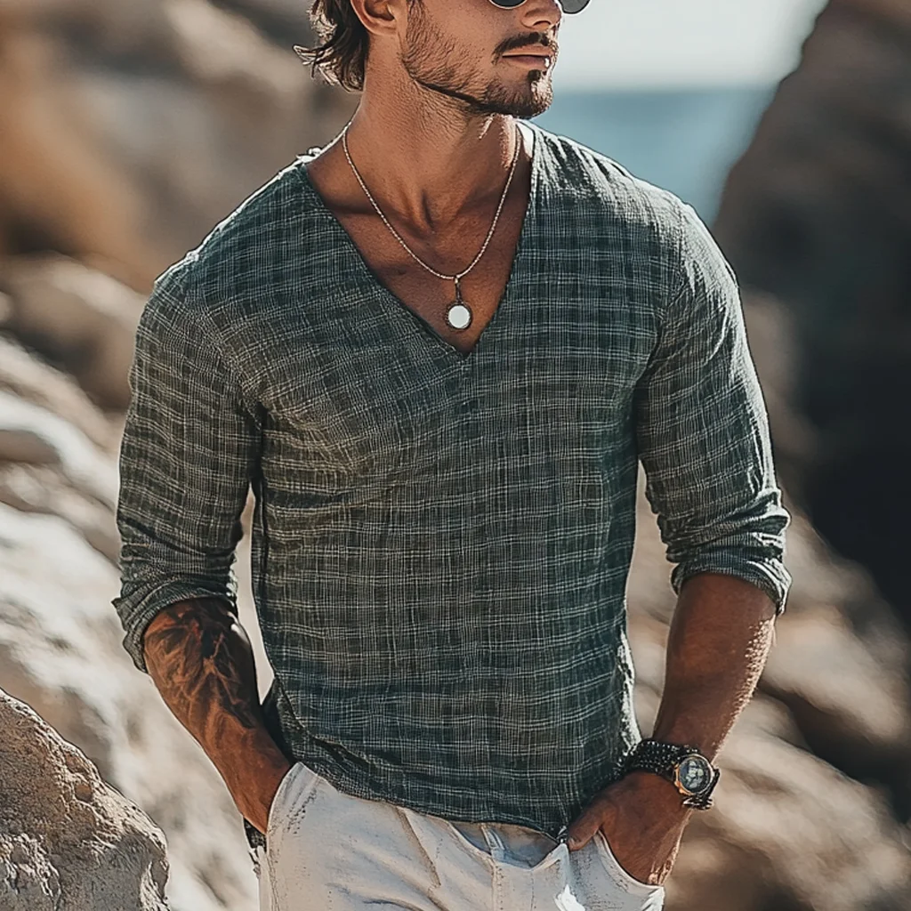 Holiday Bohemian Beach Men's Linen Casual Long Sleeve Shirt Top-inspireuse