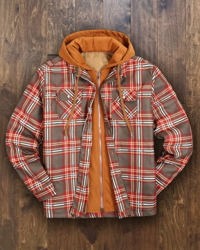 Men's Autumn and Winter Plaid Long Sleeve Loose Hooded Jacket