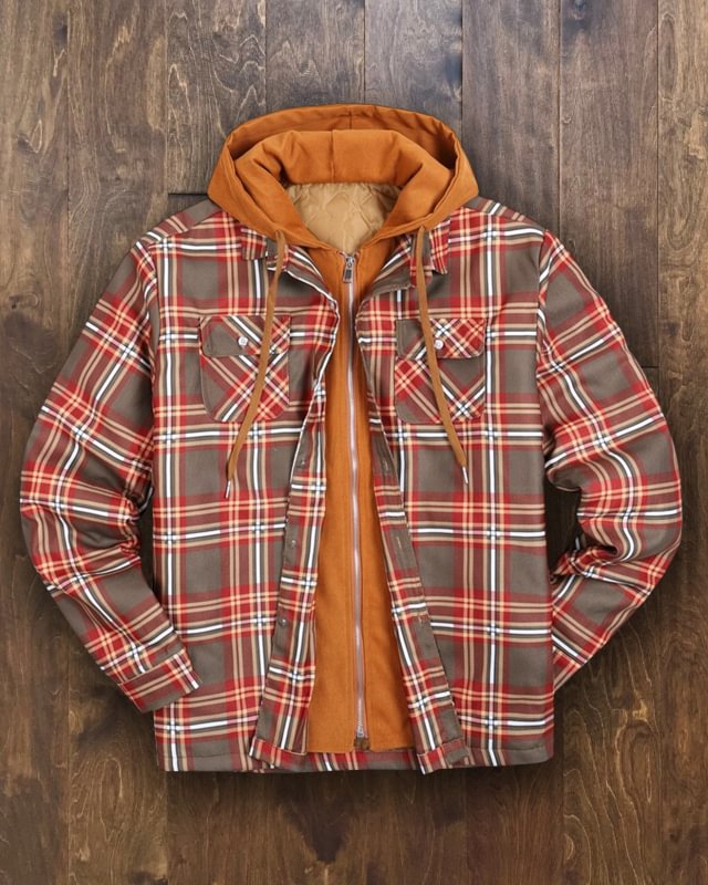 Men's Autumn and Winter Plaid Long Sleeve Loose Hooded Jacket