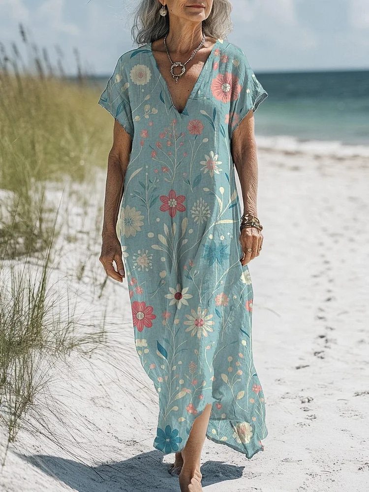 Sweet Spring Floral Pattern Printed Women's Pocket Cotton Dress
