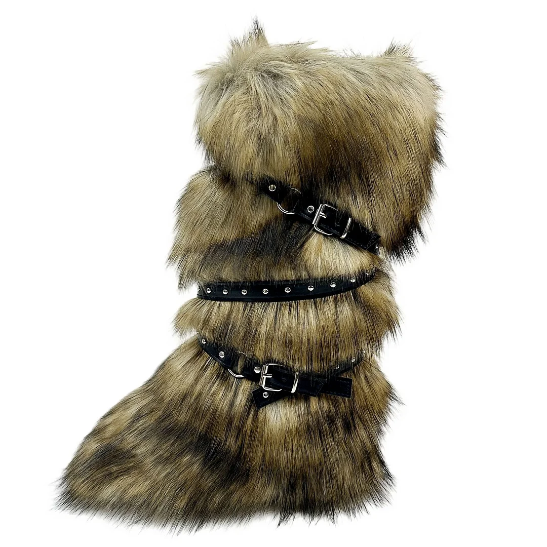 European and American Cross-border Y2K Spice Girls Sexy High Barrel Snow Boots 2024 New Cross Belt Buckle Fur Hair Boots-MERUMOTE