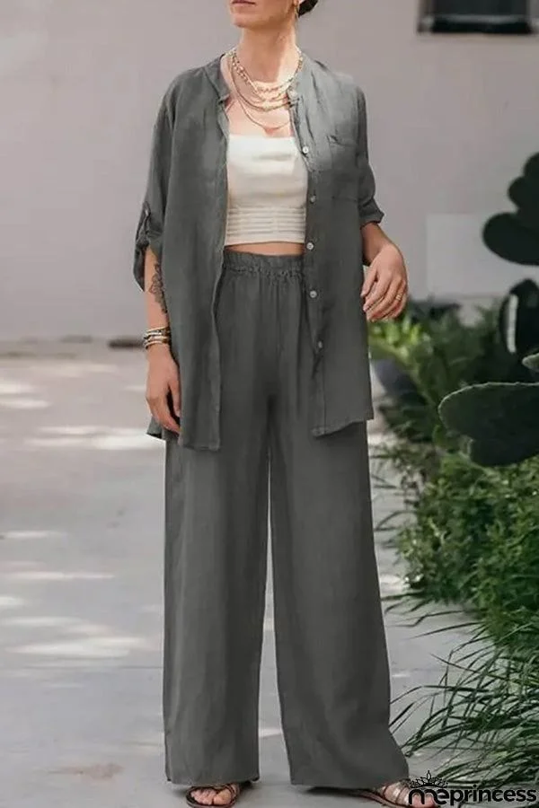 Casual Loose Solid Color Shirt Pants Set
