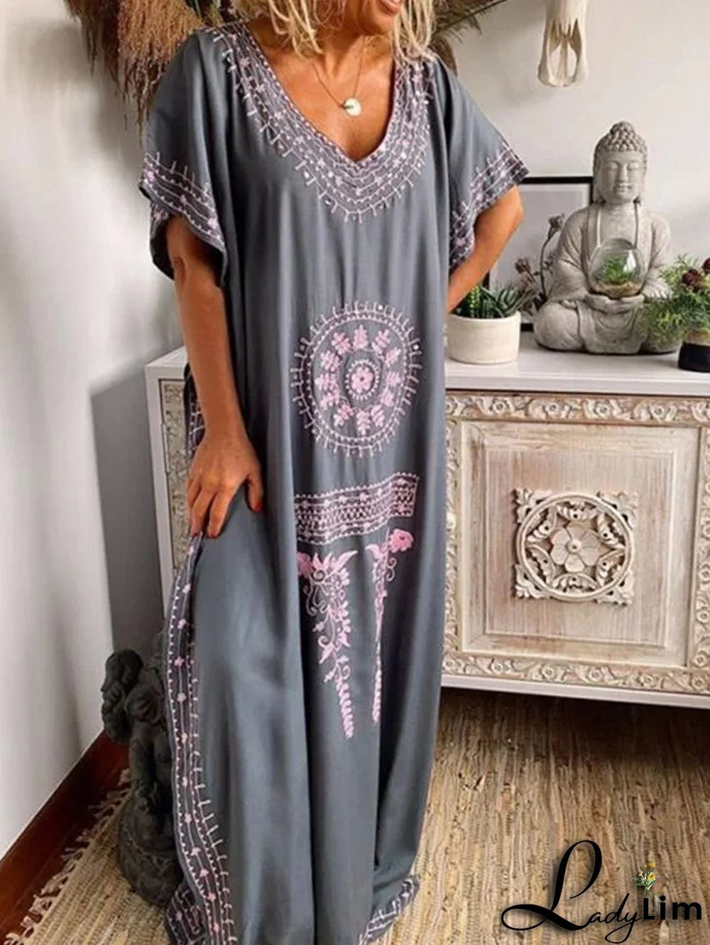 Bohemian V Neck Short Sleeve Maxi Dress