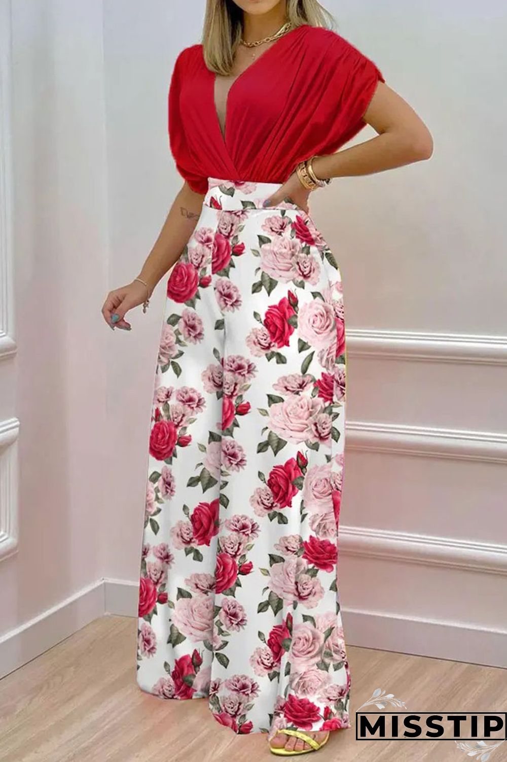 Green Casual Print Patchwork V Neck Short Sleeve Two Pieces