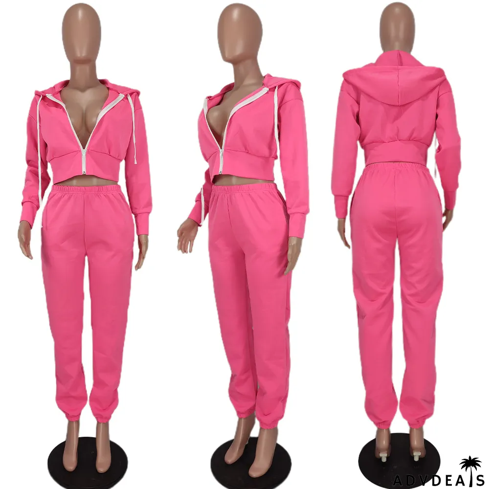 Solid Zipper Long Sleeve Two Piece Pants Set