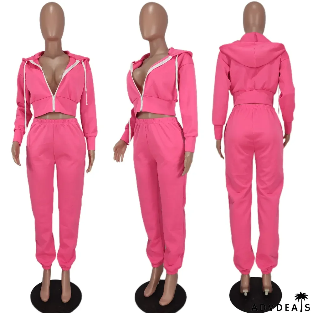 Solid Zipper Long Sleeve Two Piece Pants Set
