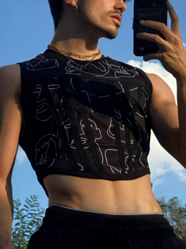 Aonga - Mens Abstract Print Patchwork Curved Hem VestI aonga