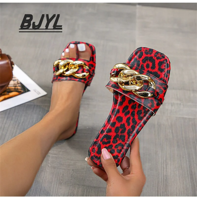 Qengg New Square Head Flat Head Metal Chain Leopard Print Slippers Female Large Size Sandals and Slippers In Stock