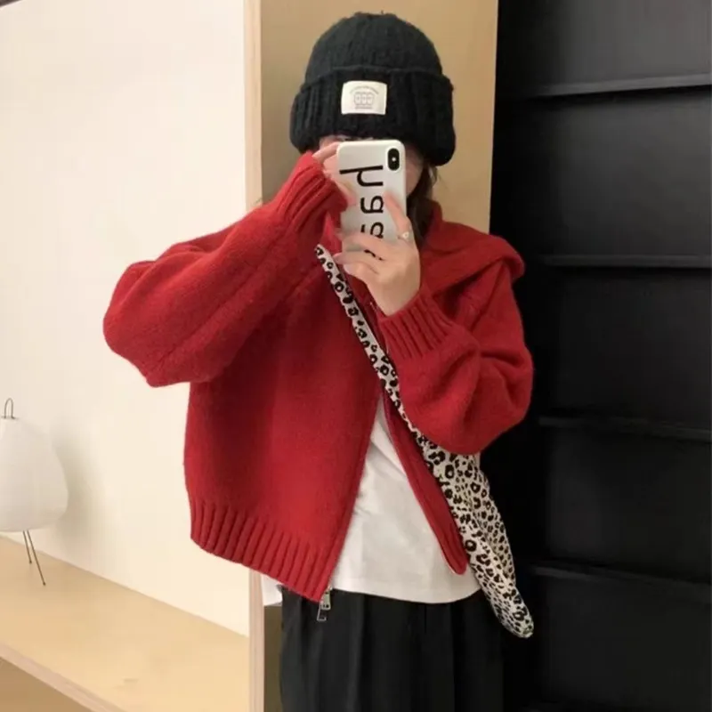 Churchf Churchf Style Multi-Color Hooded Double Zipper Knit Cardigan Women's New Short Hair Sweater Hoodie Autumn And Winter Small Coat