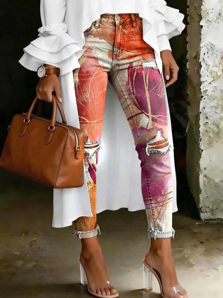 Women's Fashion Modern Floral Graffiti Artistic Print Casual High-waisted Skinny Ripped Jeans