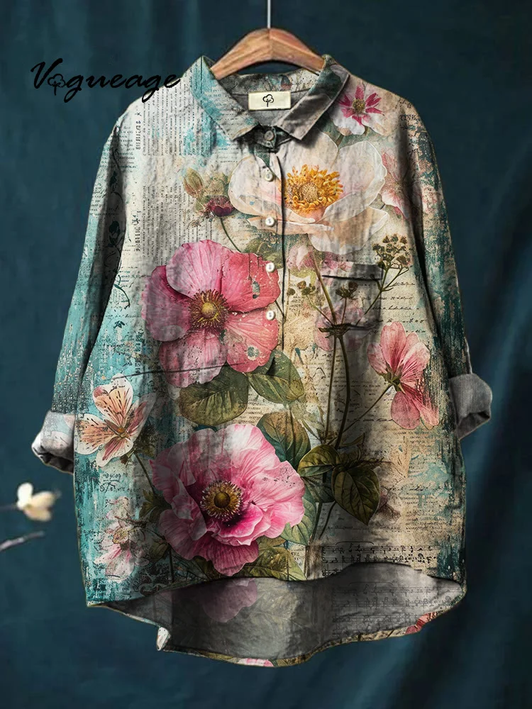 Fashionable Beautiful And Elegant Flowers Print Cotton And Linen Shirt