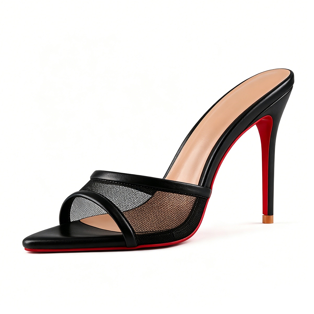 100mm Women's High Heel Red Bottom Sandals, Pointed Toe Open-Toe Mesh Mules with Slip-On Slim Heels